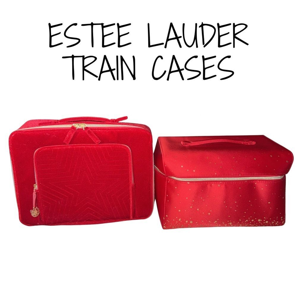 Estee Lauder Red Train Cases Velvet Star Pattern & Gold Stars